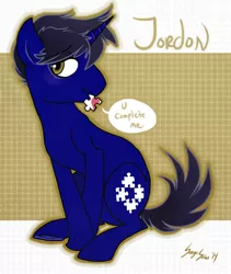 Size: 800x946 | Tagged: safe, artist:serge-stiles, derpibooru import, oc, unofficial characters only, pony, unicorn, blushing, jordon, male, puzzle, puzzle piece, solo, stallion