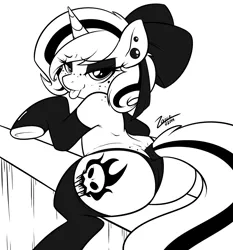 Size: 1280x1373 | Tagged: suggestive, artist:zajice, derpibooru import, oc, oc:lilith, unofficial characters only, pony, unicorn, bedroom eyes, bow, clothes, female, freckles, monochrome, panties, piercing, plot, plump, solo, solo female, stockings, tail wrap, tongue out, underwear