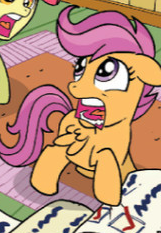 Size: 161x233 | Tagged: safe, artist:tonyfleecs, derpibooru import, idw, apple bloom, scootaloo, pegasus, pony, friends forever, spoiler:comic, spoiler:comicff2, cropped, faic, female, filly, foal, official comic, open mouth, solo focus