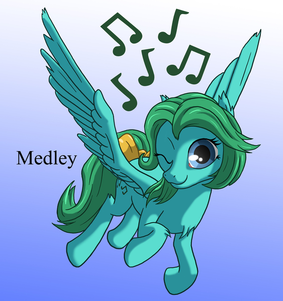 Size: 1500x1600 | Tagged: safe, artist:starbat, derpibooru import, medley, pegasus, pony, blue background, bow, cutie mark, flying, g1, gradient background, music notes, one eye closed, simple background, solo, tail bow