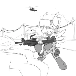 Size: 2600x2600 | Tagged: semi-grimdark, artist:flashiest lightning, derpibooru import, oc, unofficial characters only, pegasus, pony, camouflage, hmmwv, humvee, m249, monochrome, saw, solo, uh-60, war