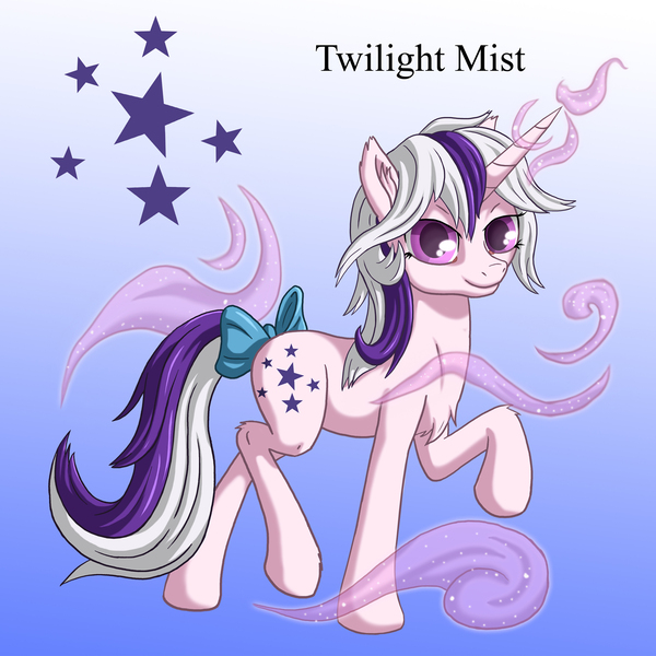 Size: 1500x1500 | Tagged: safe, artist:starbat, derpibooru import, twilight sparkle, pony, unicorn, blue background, bow, cutie mark, g1, gradient background, mist, raised hoof, simple background, solo, tail bow