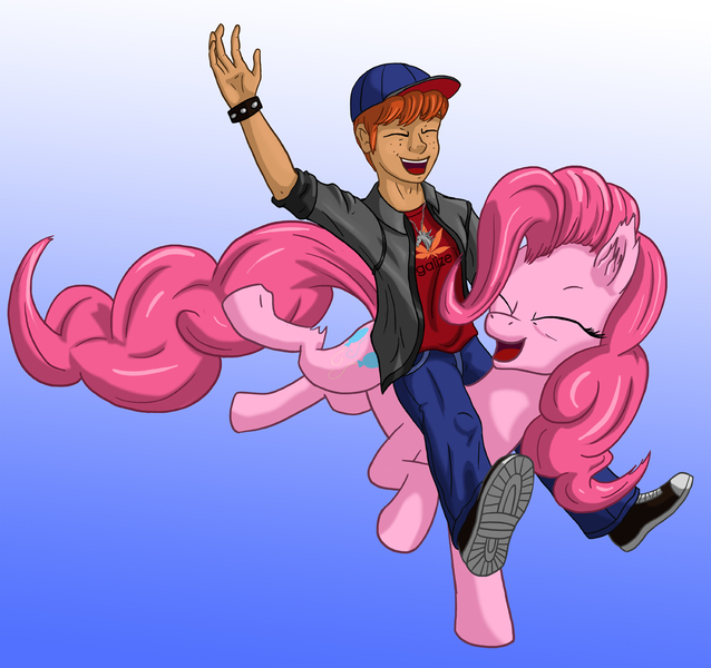 Size: 1200x1129 | Tagged: safe, artist:starbat, derpibooru import, danny williams, pinkie pie, human, pony, blue background, g1, g4, generation leap, gradient background, happy, humans riding ponies, riding, simple background