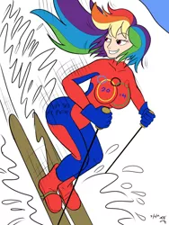 Size: 1800x2400 | Tagged: artist:tomtornados, breasts, busty rainbow dash, derpibooru import, female, human, humanized, light skin, olympic games, rainbow dash, skiing, sochi 2014, solo, stupid sexy rainbow dash, suggestive