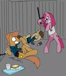 Size: 456x524 | Tagged: artist:hyolark, baton, crossover, cuffs, derpibooru import, food, parody, pinkamena diane pie, pinkie pie, sandwich, security officer, semi-grimdark, silence of the lambs, wrong anatomy