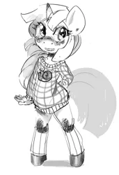 Size: 453x661 | Tagged: anthro, artist:mewball, clothes, derpibooru import, monochrome, rule 63, safe, snails, socks, solo, spice, sweater