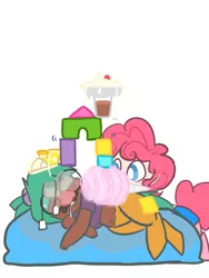 Size: 600x800 | Tagged: artist:mt, blocks, cheese, chocolate milk, cotton candy, derpibooru import, food, groucho mask, oc, oc:mudpie, oc:pogo, offspring, parent:pinkie pie, parent:snails, pie, safe, satyr, shoes, sleeping, teabag, unofficial characters only