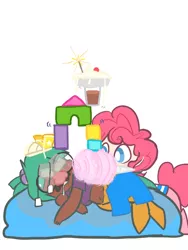 Size: 600x800 | Tagged: amethyst star, artist:mt, blocks, chocolate milk, clothes, cotton candy, derpibooru import, food, groucho mask, oc, oc:mudpie, oc:pogo, offspring, pants, parent:pinkie pie, parent:snails, pie, safe, satyr, shoes, sleeping, snails, teabag