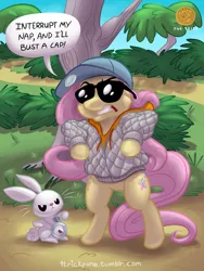 Size: 900x1200 | Tagged: angel bunny, artist:1trick, derpibooru import, fluttershy, gangsta, hug life, rap, safe