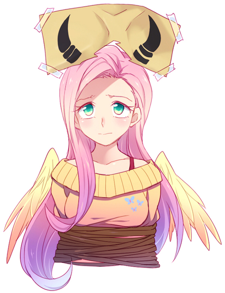 Size: 600x780 | Tagged: artist:megarexetera, derpibooru import, fluttershy, horns, human, humanized, light skin, putting your hoof down, rope, safe, scene interpretation, solo, tied up, winged humanization