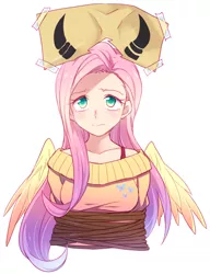 Size: 600x780 | Tagged: artist:megarexetera, derpibooru import, fluttershy, horns, human, humanized, light skin, putting your hoof down, rope, safe, scene interpretation, solo, tied up, winged humanization