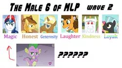 Size: 696x389 | Tagged: alternate mane six, braeburn, bulk biceps, cheese sandwich, derpibooru import, element of loyalt, male 6, meme, misspelling, safe, shining armor, spike, thunderlane, trenderhoof, wave 2