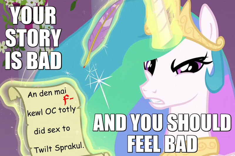 Size: 900x600 | Tagged: safe, derpibooru import, edit, screencap, princess celestia, alicorn, pony, fanfic, the crystal empire, angry, caption, female, grammar error, image macro, mare, meme, meta, quill, reaction image, scroll, solo, story