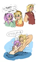 Size: 720x1152 | Tagged: suggestive, artist:ruxicah, derpibooru import, applejack, big macintosh, fluttershy, human, aftersex, ahegao, blushing, breasts, comic, cuddling, curvy, dialogue, female, fluttermac, grin, humanized, implied sex, innuendo, light skin, male, naked hug, nudity, observer, on back, open mouth, panting, shipping, size difference, sketch, smiling, snuggling, straight, tongue out