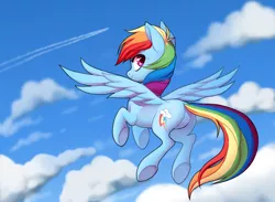 Size: 1080x792 | Tagged: safe, artist:trippinmars, derpibooru import, rainbow dash, pegasus, pony, butt, cloud, cute, dashabetes, featureless crotch, female, flying, hooves, image, mare, plot, png, rear view, sky, solo, spread wings, underhoof, wings