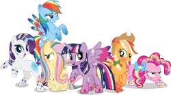 Size: 13523x7530 | Tagged: safe, artist:benybing, derpibooru import, applejack, fluttershy, pinkie pie, rainbow dash, rarity, twilight sparkle, twilight sparkle (alicorn), alicorn, pony, season 4, absurd resolution, colored wings, female, mane six, mare, multicolored wings, rainbow power, rainbow wings, simple background, starry eyes, transparent background, vector