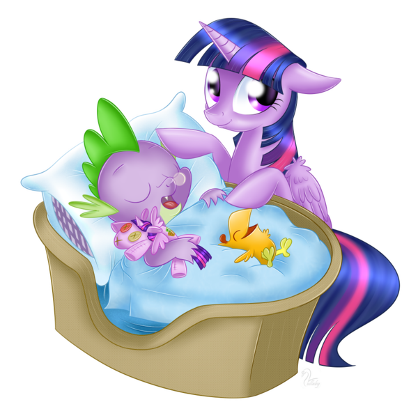 Size: 1000x1000 | Tagged: safe, artist:swanlullaby, derpibooru import, peewee, spike, twilight sparkle, twilight sparkle (alicorn), alicorn, dragon, phoenix, pony, baby phoenix, basket, blanket, bubble, crib, cute, female, folded wings, hilarious in hindsight, horn, male, mama twilight, mare, peeweebetes, pillow, plushie, signature, sleeping, snot bubble, spikabetes, spikelove, twiabetes, wings