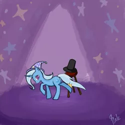 Size: 1680x1680 | Tagged: source needed, safe, artist:9pak, derpibooru import, trixie, pony, unicorn, female, frown, get, hat, index get, kick, lonely, mare, milestone, sad, solo, stage, stool, top hat, wavy mouth