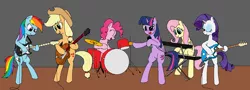 Size: 1168x420 | Tagged: safe, artist:hyolark, derpibooru import, applejack, fluttershy, pinkie pie, rainbow dash, rarity, twilight sparkle, twilight sparkle (alicorn), alicorn, pony, band, bass guitar, bipedal, drum kit, drums, guitar, keyboard, microphone, ms paint, music, musical instrument, rainbow thrash