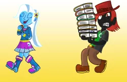 Size: 1024x663 | Tagged: safe, artist:precious-pup, derpibooru import, trixie, oc, oc:shadow rush, equestria girls, book, carrying