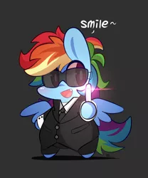 Size: 800x960 | Tagged: safe, artist:lifeloser, derpibooru import, rainbow dash, pegasus, pony, bipedal, chibi, clothes, crossover, gray background, men in black, neuralizer, simple background, solo, suit, sunglasses