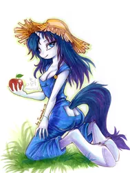 Size: 567x749 | Tagged: anthro, apple, artist:imanika, ass, beautiful, bedroom eyes, breasts, buttcrack, cleavage, droopy drawers, female, fluffy, grass, hat, hooves, kneeling, looking at you, looking back, naked overalls, rarihick, rarity, sexy, simple ways, smiling, solo, solo female, straw hat, suggestive, underhoof, unguligrade anthro, unshorn fetlocks