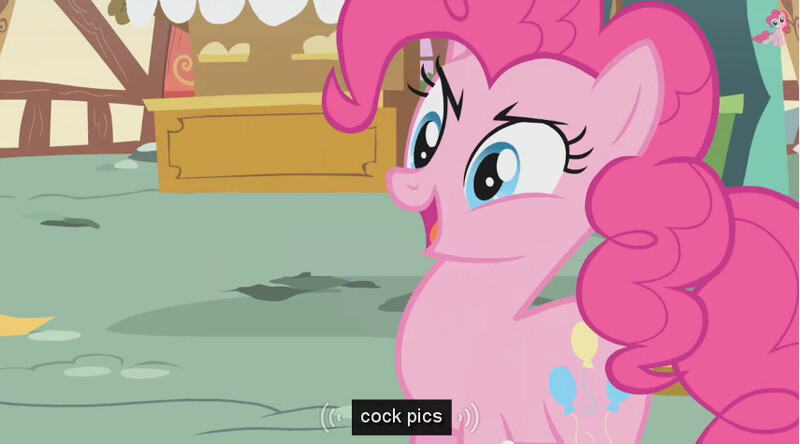 Size: 855x474 | Tagged: caption, chicken thread, derpibooru import, edit, edited screencap, griffon the brush off, meme, pinkie pie, screencap, solo, suggestive, vulgar, youtube caption