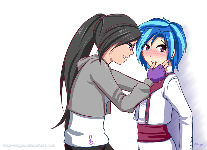 Size: 900x653 | Tagged: safe, artist:kare-valgon, derpibooru import, octavia melody, vinyl scratch, human, blushing, female, humanized, lesbian, light skin, scratchtavia, shipping