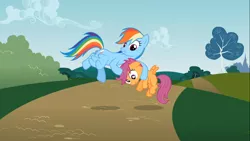 Size: 1366x768 | Tagged: derp, derpibooru import, noogie, rainbow dash, safe, scootaloo, screencap, the mysterious mare do well