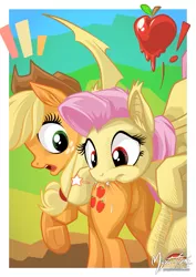 Size: 717x1013 | Tagged: safe, artist:mysticalpha, derpibooru import, applejack, fluttershy, bat pony, earth pony, pony, apple, biting, butt bite, drool, exclamation point, fangs, featureless crotch, female, flutterbat, flutterbat biting applejack, freckles, hat, literal butthurt, looking back, mare, nom, open mouth, plot, raised hoof, smiling, this will end in tears, underhoof, wide eyes