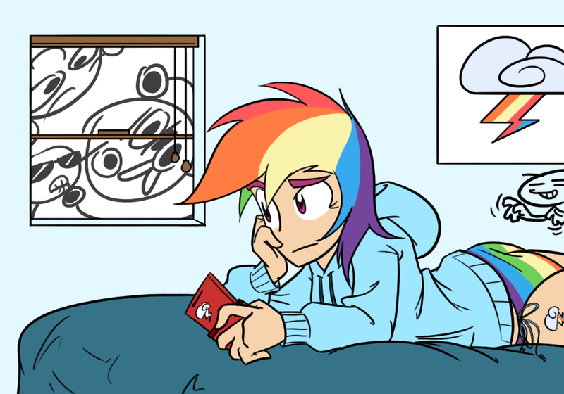 Size: 1000x700 | Tagged: artist:no-ink, bed, bedroom, clothes, female, frown, gameboy advance sp, hoodie, human, humanized, light skin, observer, panties, prone, rainbow dash, raised eyebrow, side knot underwear, solo, solo female, striped underwear, suggestive, underwear, window