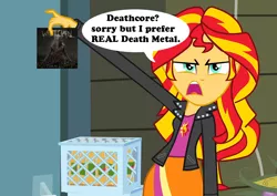Size: 1016x720 | Tagged: safe, derpibooru import, sunset shimmer, equestria girls, background pony strikes again, death metal, deathcore, exploitable meme, meme, metal, metal elitism, mouthpiece, sunset is disgusted, whitechapel