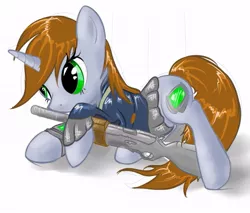 Size: 657x560 | Tagged: safe, artist:nyashaponyasha, derpibooru import, oc, oc:littlepip, unofficial characters only, pony, unicorn, fallout equestria, fanfic, clothes, cute, fanfic art, female, glowing horn, gun, hooves, horn, levitation, magic, mare, pipabetes, pipbuck, simple background, solo, telekinesis, vault suit, weapon, white background