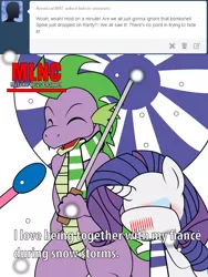 Size: 600x800 | Tagged: safe, artist:dekomaru, derpibooru import, rarity, spike, dragon, pony, unicorn, tumblr:ask twixie, ask, blushing, clothes, female, male, mare, meme, microphone, older, scarf, shipping, snow, sparity, special feeling, straight, tumblr, umbrella