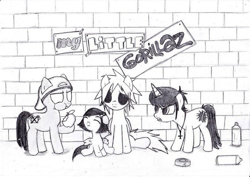 Size: 900x636 | Tagged: safe, artist:chinchillaplum, derpibooru import, ponified, pony, 2-d, gorillaz, monochrome, murdoc, noodle, russel, traditional art, wall