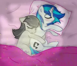 Size: 422x359 | Tagged: safe, artist:haileyguilford, derpibooru import, octavia melody, vinyl scratch, blanket, blushing, cuddling, female, holding, hug, lesbian, pillow, scratchtavia, shipping, sleeping, snuggling