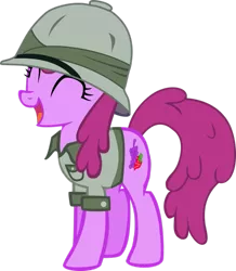 Size: 835x957 | Tagged: artist:mellonyan, berrybetes, berry punch, berryshine, clothes, costume, cute, derpibooru import, explorer outfit, eyes closed, happy, hat, open mouth, pith helmet, safe, simple background, smiling, solo, transparent background, vector
