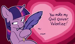 Size: 1509x875 | Tagged: suggestive, artist:pixel-prism, derpibooru import, twilight sparkle, pony, unicorn, bedroom eyes, card, female, hearts and hooves day, mare, quill, solo, unicorn twilight, valentine, valentine's day