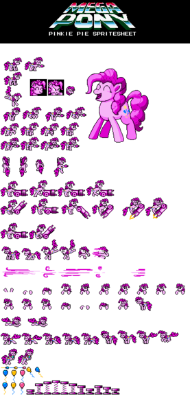 Size: 380x824 | Tagged: artist:khaomortadios, balloon, crossover, derpibooru import, megaman, megapony, pinkie pie, pixel art, safe, sprite, video game