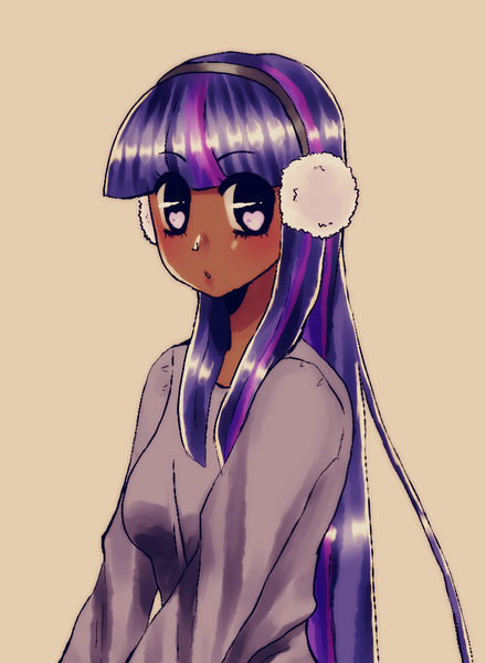 Size: 733x1000 | Tagged: safe, artist:mynameisbre1, derpibooru import, twilight sparkle, human, earmuffs, heart eyes, humanized, pixiv, solo, wingding eyes