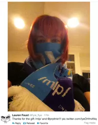 Size: 1014x1292 | Tagged: safe, derpibooru import, princess luna, human, 4chan, 4chan cup, 4chan cup scarf, clothes, irl, irl human, lauren faust, meta, /mlp/, photo, scarf, twitter