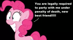 Size: 2490x1386 | Tagged: derpibooru import, law, party, pinkie pie, safe, smiling, solo, text, tyrant pinkie