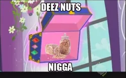 Size: 474x294 | Tagged: deez nuts, derpibooru import, edit, edited screencap, image macro, inappropriate joke, meme, nigga, nuts, pun, racial slur, safe, screencap, the boondocks, the return of harmony, vulgar