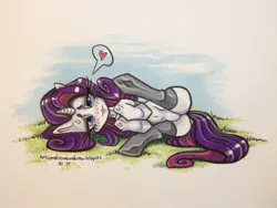 Size: 1280x960 | Tagged: suggestive, artist:whippedcreamdelights, derpibooru import, rarity, pony, unicorn, :3, belly button, blushing, clothes, eyelashes, featureless crotch, grass, heart, looking at you, plot, pose, side, smiling, stockings, underhoof