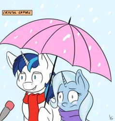 Size: 1483x1561 | Tagged: adultery, artist:moonshine, clothes, derpibooru import, female, infidelity, interview, male, safe, scarf, shining armor, shintrix, shipping, snow, snowfall, special feeling, straight, trixie, umbrella