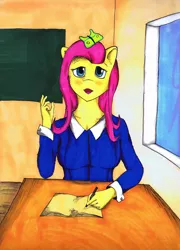 Size: 4816x6699 | Tagged: absurd resolution, anthro, artist:avak42, class, derpibooru import, fluttershy, safe, solo, student, traditional art