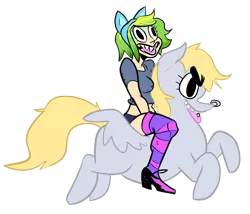 Size: 900x772 | Tagged: suggestive, artist:curtsibling, derpibooru import, derpy hooves, oc, oc:pegaslut, human, pegasus, pony, clothes, erect nipples, female, mare, nipple outline, piercing, riding human, simple background, socks, striped socks