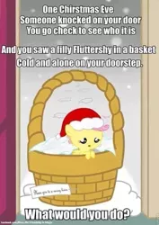 Size: 423x598 | Tagged: bronybait, christmas, derpibooru import, filly, fluttershy, meme, safe, snow, snowfall, solo, text, what do