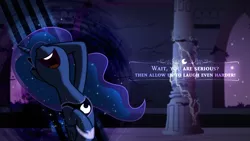 Size: 1920x1080 | Tagged: artist:smokeybacon, artist:tamalesyatole, derpibooru import, futurama, laughing, nose in the air, princess luna, quote, reference, ruins, safe, solo, throne room, vector, wallpaper