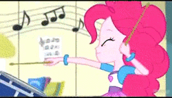 Size: 314x180 | Tagged: safe, derpibooru import, screencap, pinkie pie, equestria girls, rainbow rocks, animated, balloon, boots, bracelet, clothes, drum kit, drums, high heel boots, jewelry, musical instrument, ponied up, skirt, solo, transformation sequence